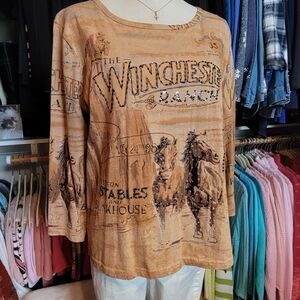 TAKE TWO CLOTHING CO 🐴 Brown|Tan Embellished THE WINCHESTER RANCH 3/4 Top M